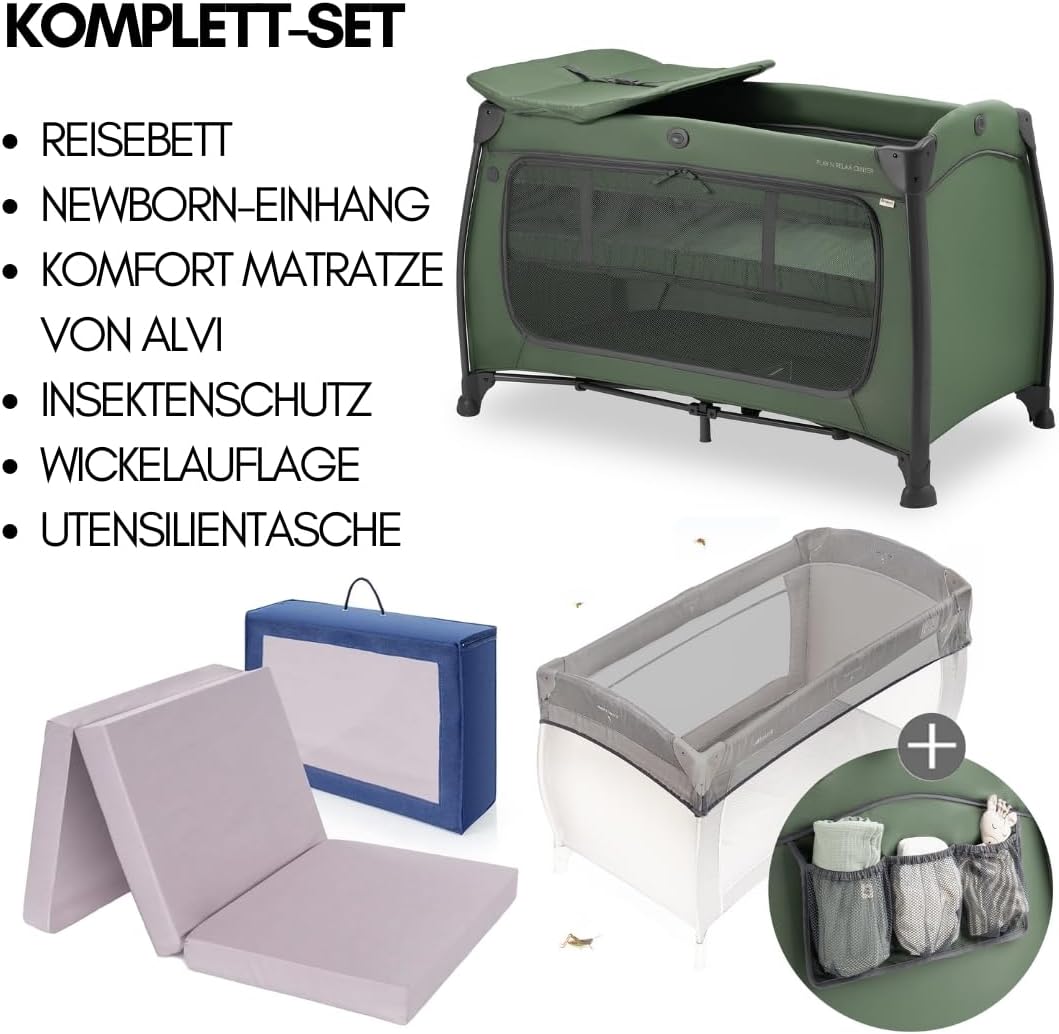 hauck Baby Reisebett Play n Relax Center Set mit Komfort Matratze und Insektenschutz - Babyreisebett mit Neugeborenen Einsatz, Wickelauflage und Tasche (höhenverstellbar & faltbar) - Dark Blue