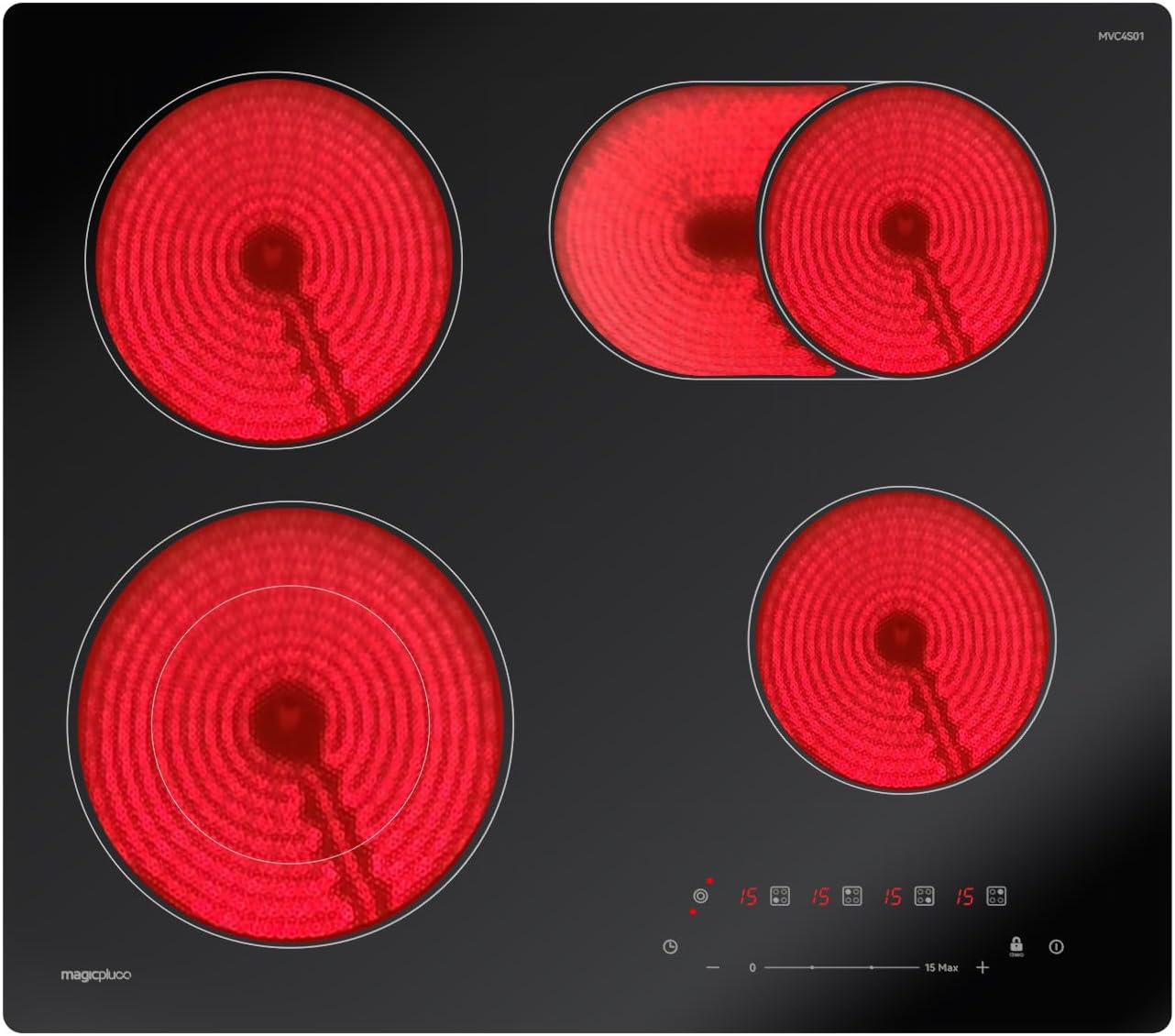 Piano cottura a induzione magicplux 60 cm, 4 zone di cottura a induzione con due zone flessibili, 9 livelli di potenza e funzione booster, timer 1-99 minuti, 7200 W