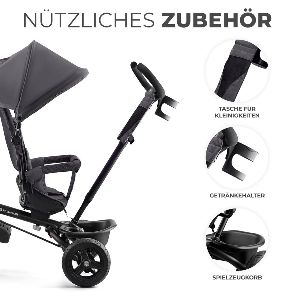Kinderkraft AVEO Dreirad ab 9 Monate bis 25 kg, Kinderdreirad mit schubstange, Kompakte zusammenklappen, drehbarer Sitz, ausklappbarem Verdeck mit sonnenschutz, Getränkehalter korb im set, Rosa