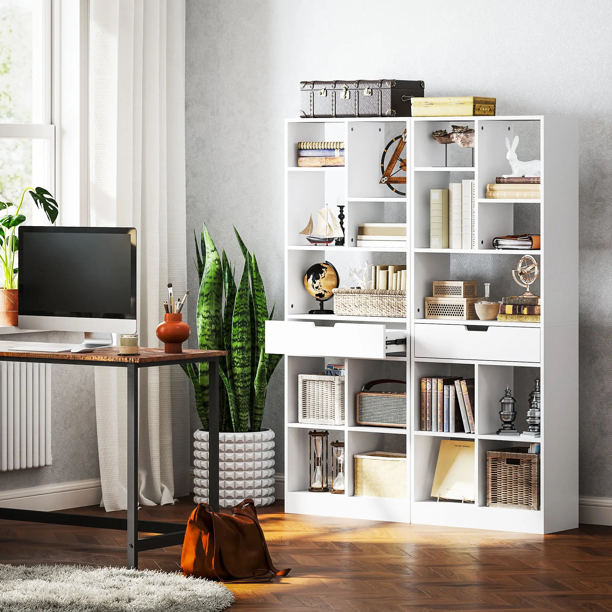 HOMCOM Bücherregal mit Schublade viel Stauraum Weiß