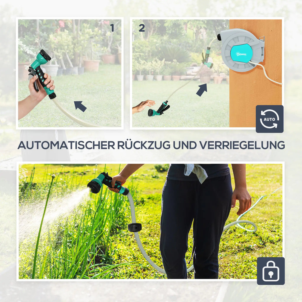 Avvolgitubo Outsunny con Tubo da Giardino 30m Automatico 7 Funzioni Spray