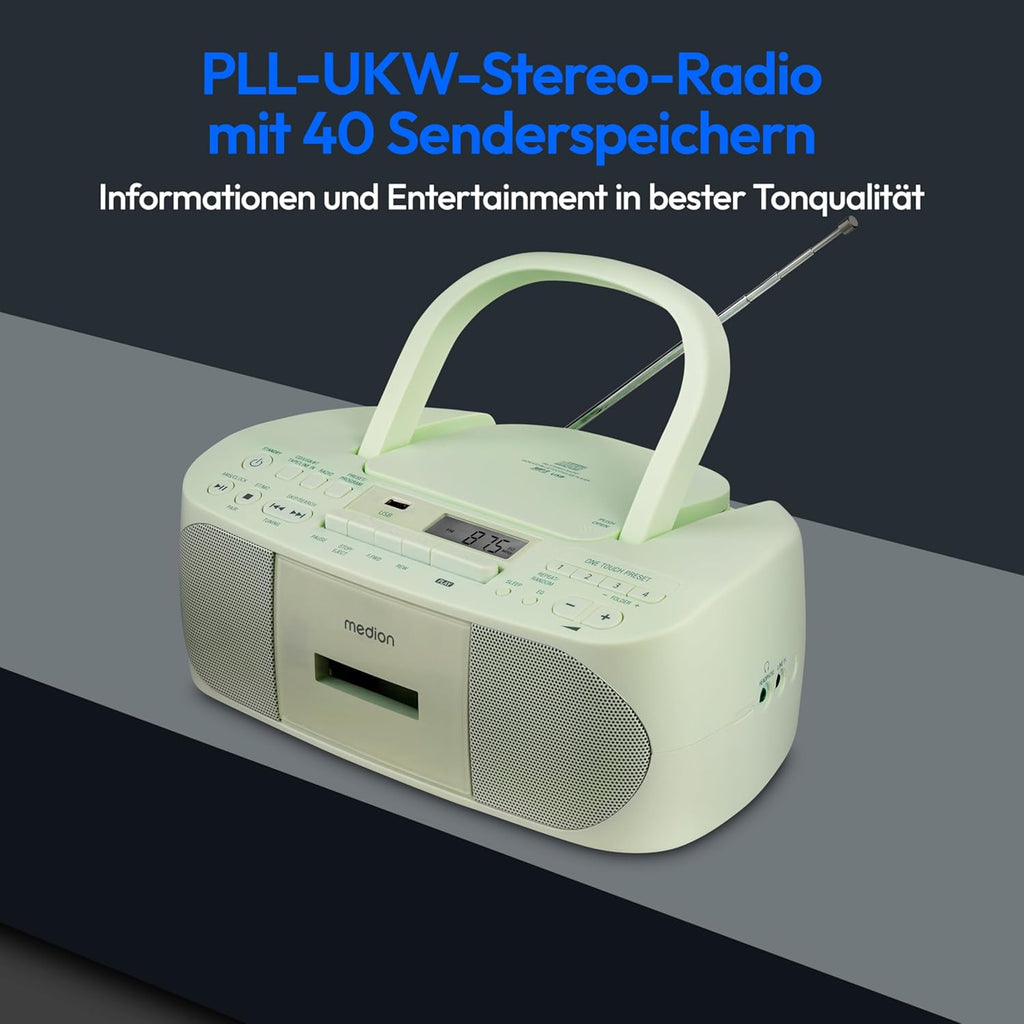 MEDION E65010 Radioregistratore stereo (lettore CD, cassetta, porta USB, ingresso audio AUX, riproduzione MP3, radio PLL FM, 40 stazioni memorizzabili, funzionamento a batteria, telecomando) bianco
