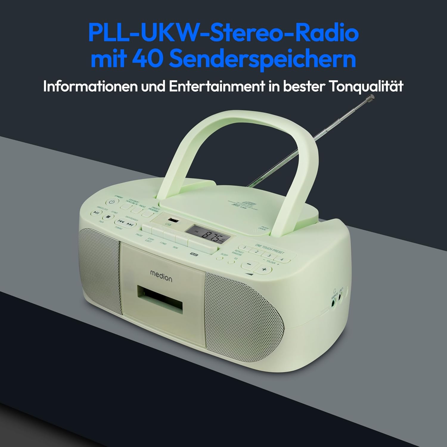 MEDION E65010 Radioregistratore stereo (lettore CD, cassetta, porta USB, ingresso audio AUX, riproduzione MP3, radio PLL FM, 40 stazioni memorizzabili, funzionamento a batteria, telecomando) bianco