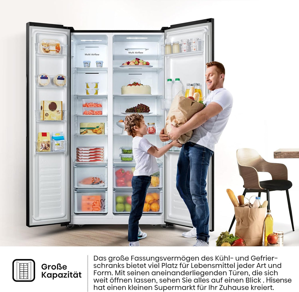 Hisense RS677N4BFD Frigorifero Americano Side by Side / Compressore Inverter / Porta Bottiglie / 2 FreshZone / Vano Verdure / Capacità Frigo 334 L / Capacità Congelatore 185 L / 41 dB / 247 kWh all'anno, Nero