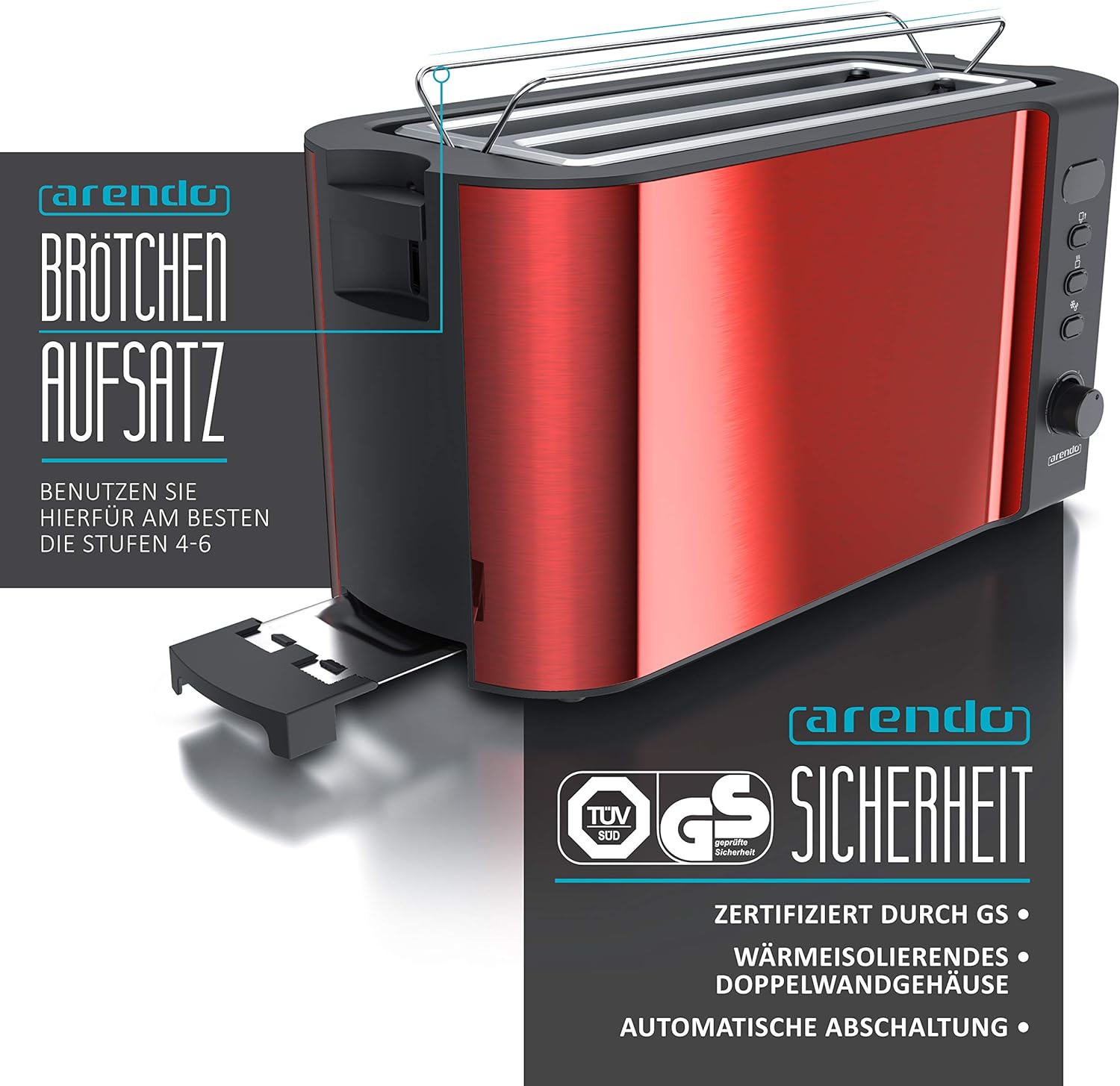 Arendo - Tostapane a fessura lunga in acciaio inox per 4 fette - Funzione scongelamento - Corpo isolante dal calore - Con scaldavivande integrato - Vassoio raccoglibriciole - Display con indicazione del tempo residuo - Nero opaco
