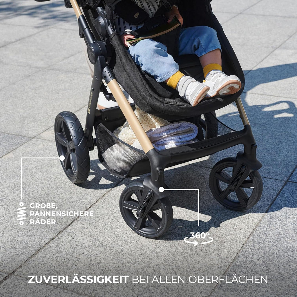Kinderkraft MOOV2 AIR Passeggino 3 in 1, Set da 26 kg con seggiolino auto I-SIZE 40-75 cm, funzione passeggino, schienale reclinabile, ampia cappottina estensibile, ruote gonfiabili, grigio