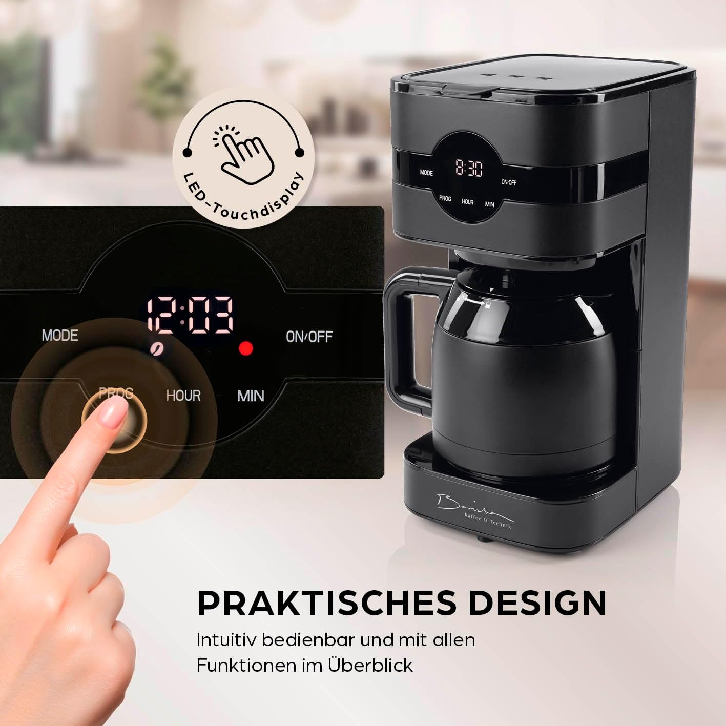 Barista Kaffeemaschine mit Mahlwerk | Filterkaffeemaschine mit Glaskanne | 900W Filtermaschine mit Touchdisplay & Timerfunktion für bis zu 10 Tassen | 1,25 Liter Kaffeekanne | Für Bohnen & Pulver