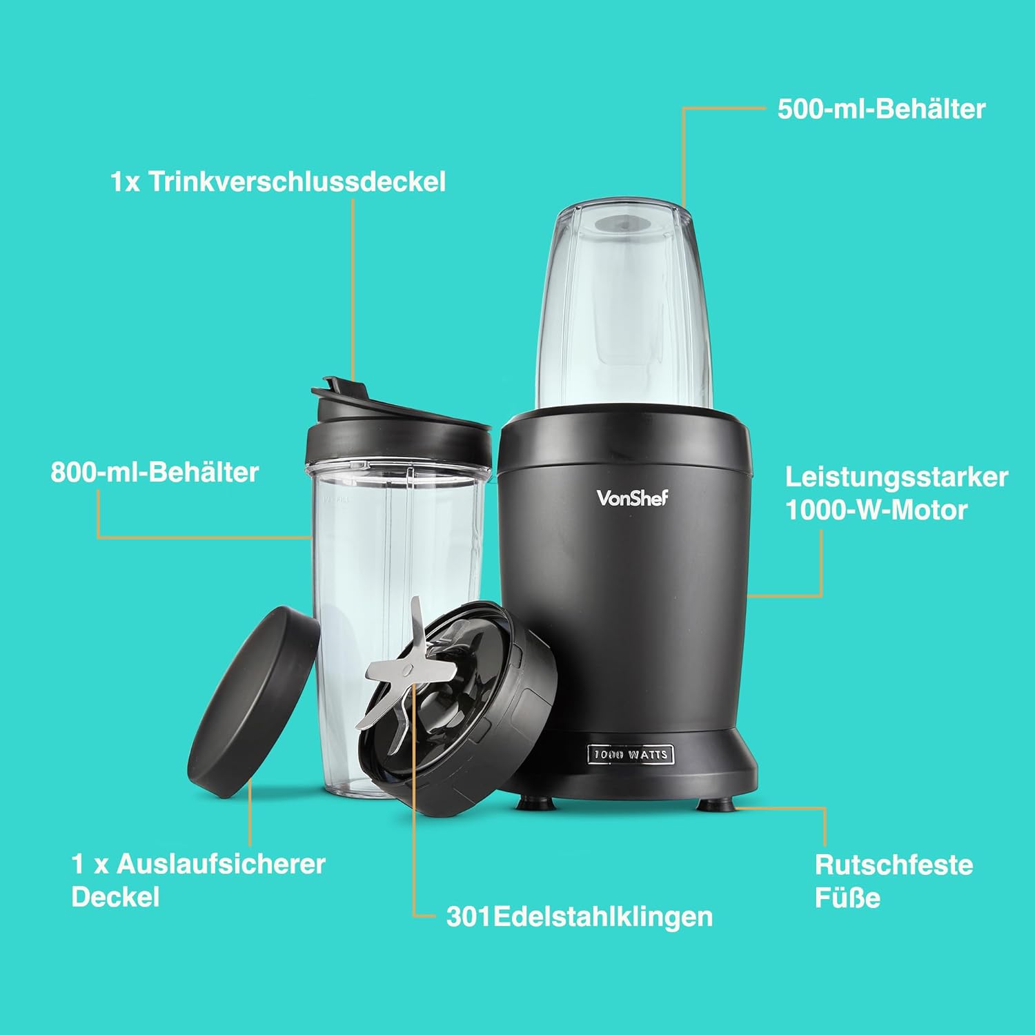 VonShef Frullatore Mixer per Smoothie – Frullatore per Frutta, Verdura e Ghiaccio Tritato, 1000 W/ 500 ml & 800 ml – Frullatore Portatile con Tazza da Viaggio – Mini Mixer con 1 Pulsante - Nero