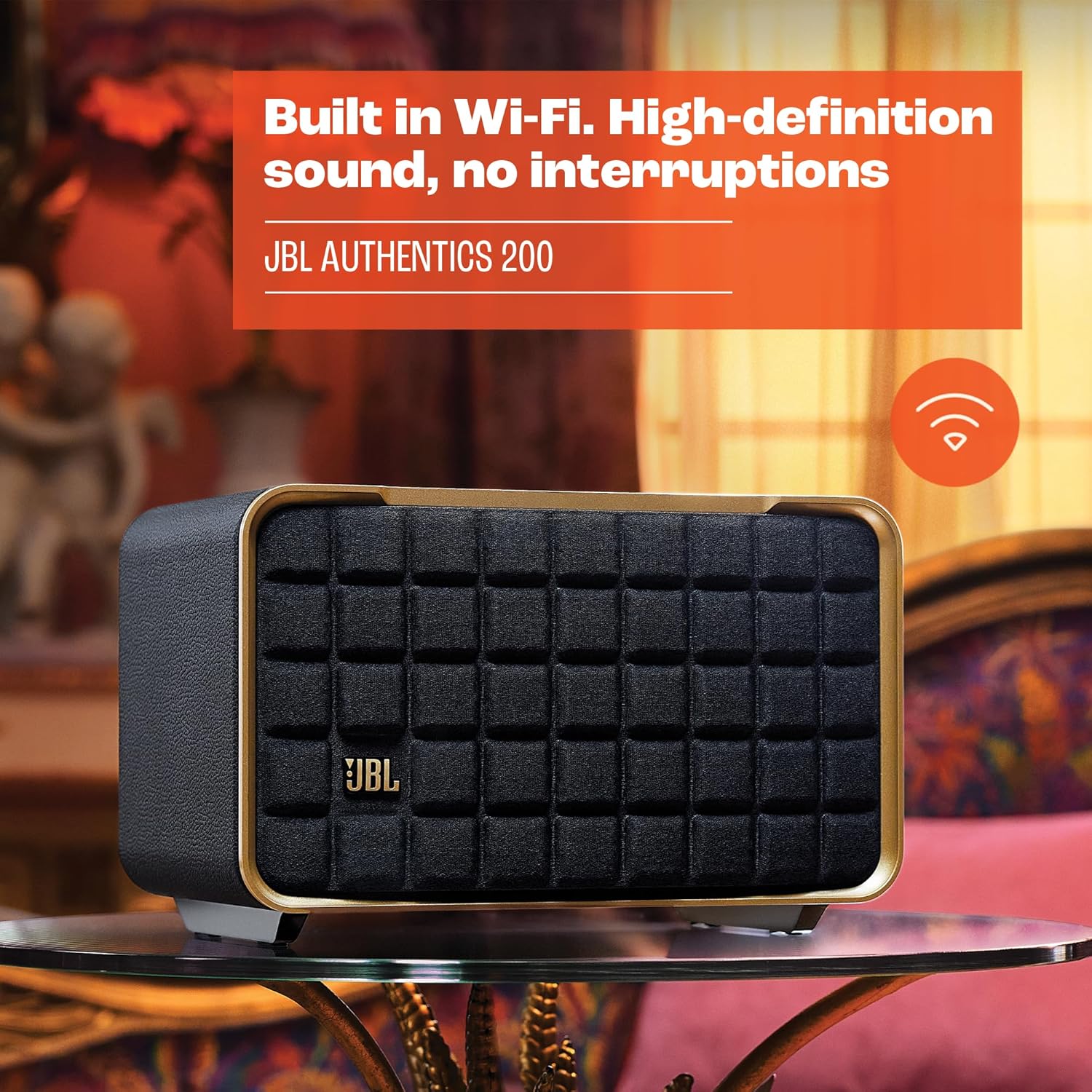 JBL Authentics 200 Smart Home Altoparlante – Cassa Bluetooth dal design retrò anni '70 – Con griglia Quadrex, Google Assistant, Alexa, AirPlay e JBL One App – Nero