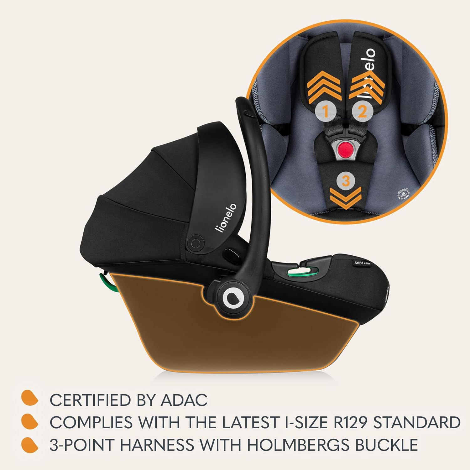 LIONELO ASTRID i-Size SET Seggiolino Auto con Base 40-87 cm Ovetto ISOFIX, Cinture a 3 Punti, Protezione Laterale, Riduttore Dri-Seat, i-Size R129