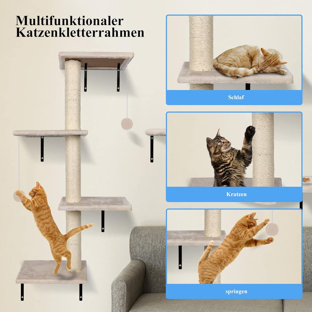 Zvonema Kletterwand 10-teilig-Katzenhängematte,Hängebrücke mit Rutschfestem Sisal,Kratzsäulen mit Sisal,Ruhe und Spielwandregal mit Spurenkugel,Kletterwand für Katzen bis 10 kg