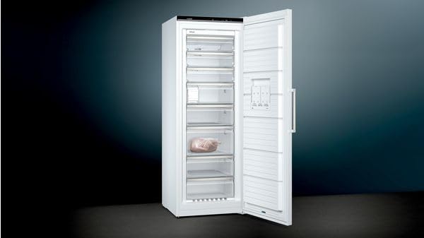 Siemens GS54NAWCV iQ500 Congelatore verticale, 176 x 70 cm, 327 L, NoFrost mai più sbrinamento, bigBox spazio per alimenti di grandi dimensioni, varioZone ripiani e cassetti flessibili in vetro, Bianco
