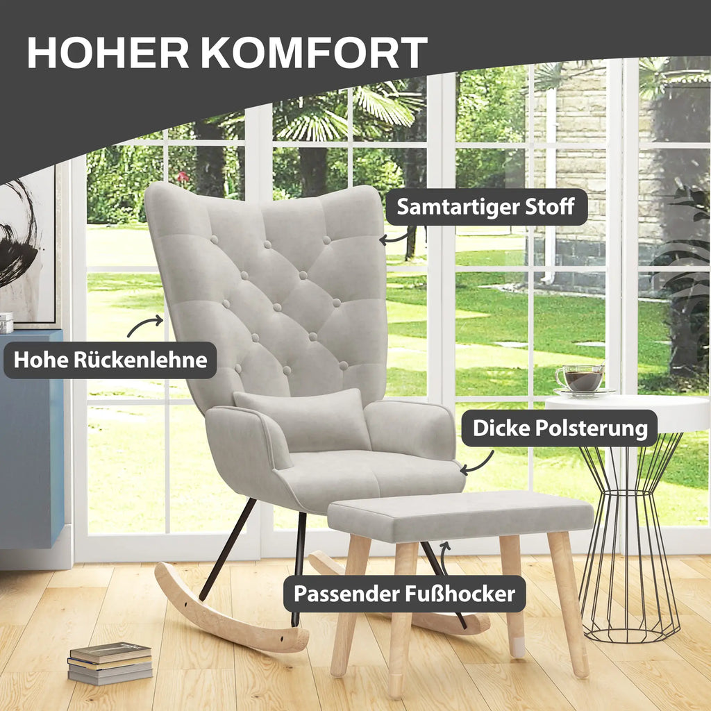 HOMCOM Relaxsessel mit Hocker Schaukelstuhl Set Samt Cremeweiß