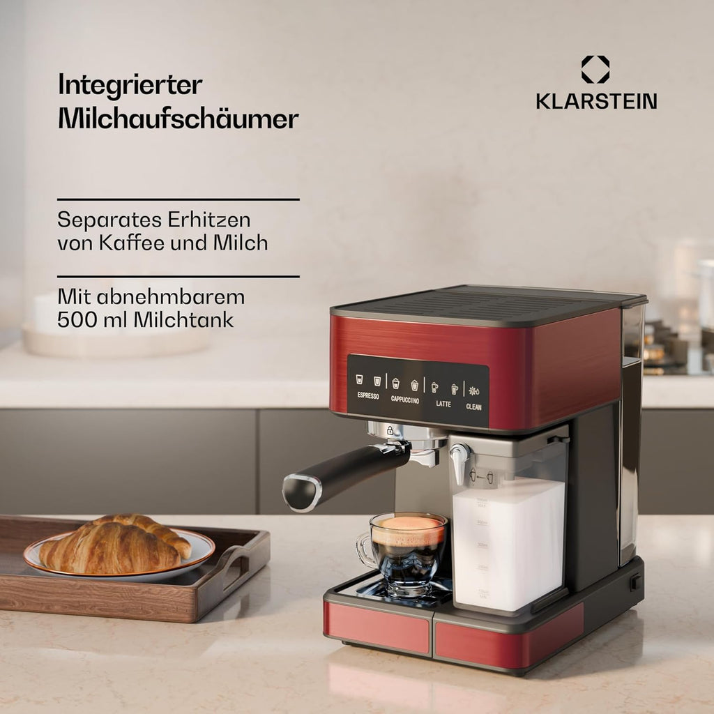 Klarstein Macchina da Caffè Espresso con Lancia Vapore, Macchinetta Caffè con Portafiltro, 1,8 L, 20 Bar, Acciaio Inox, Piccola, Serbatoio Latte 0,5 L, 1350 W, per Caffè in Polvere