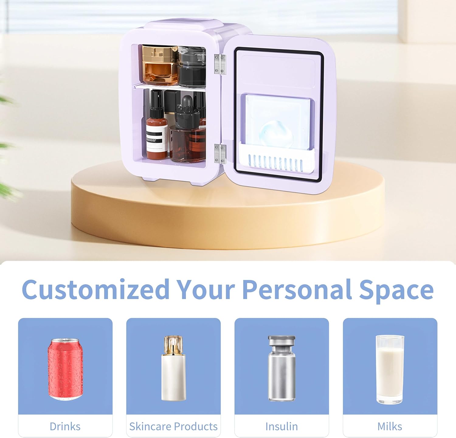 YASHE Mini Fridge, 4 Litre Mini Refrigerators for Cosmetics, Drinks, 220 V AC/12 V DC Thermoelectric Cooling and Heating, Small Fridge for Bedroom, Office, Dorm, Car (Pink)