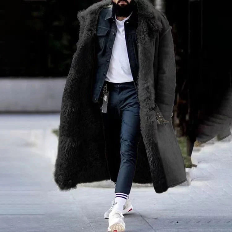Cappotto lungo caldo invernale da uomo foderato in pelliccia