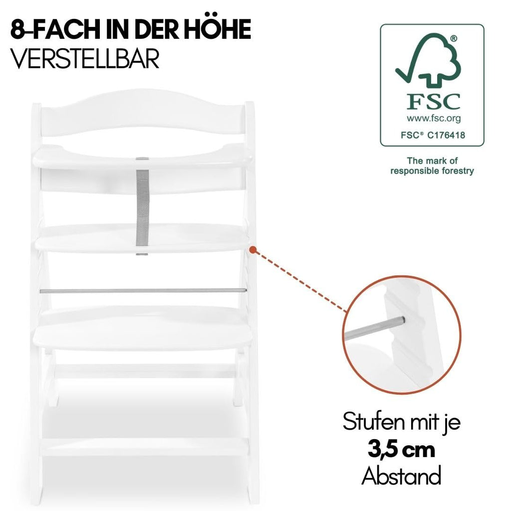 hauck Alpha Plus Newborn Set mit Premium Bouncer Dark Grey - Baby Holz Hochstuhl ab Geburt mit Liegefunktion - extra flacher Aufsatz für Neugeborene & Baumwoll Sitzpolster - Grau