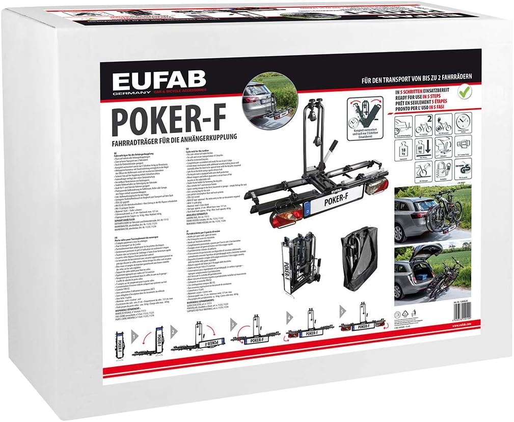 EUFAB 12010LAS Portabici POKER-F, adatto per E-Bike, completamente preassemblato, antifurto, per 2 biciclette, per gancio di traino, Nero, 142 x 70 x 58 cm