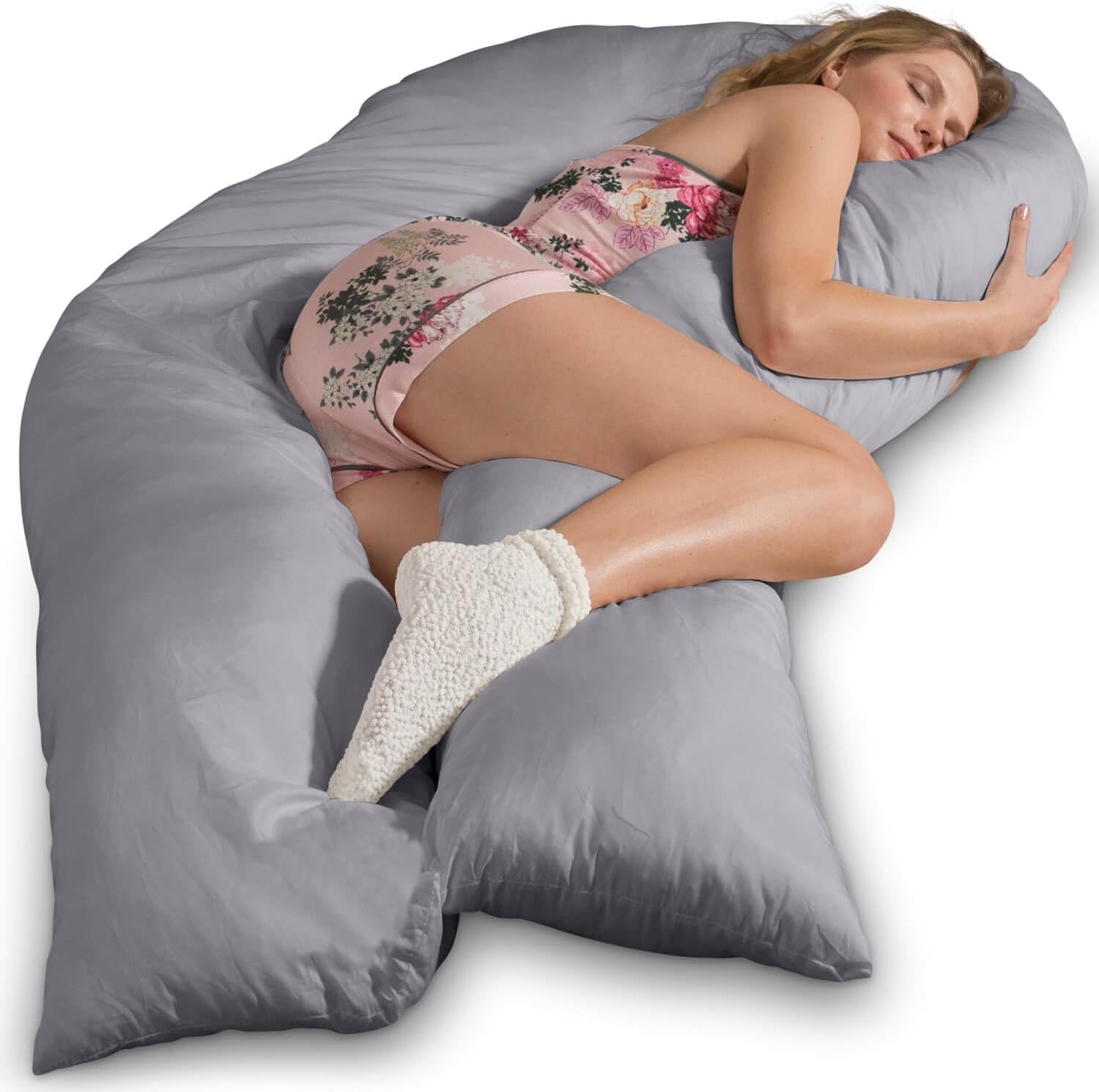Traumreiter Visco XXL Seitenschläferkissen mit Bezug Baumwolle Graphit Grau, Hybrid Kissen + 1cm Memory Foam, U förmiges Schwangerschaftskissen Gel Body Pillow Komfortkissen Ergonomie Zertifiziert