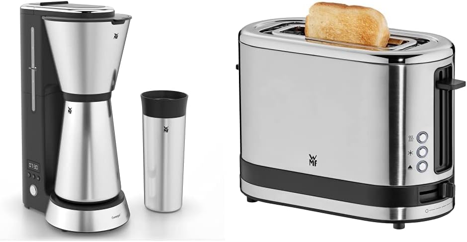 WMF Küchenminis Aroma Filterkaffeemaschine, 870 Watt, cromargan matt & Küchenminis 1-Scheiben Toaster Langschlitz XXl-Toast Brötchenaufsatz 7 Bräunungsstufen Überhitzungsschutz 600W Edelstahl matt