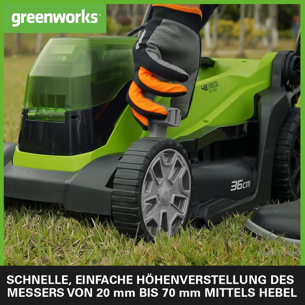 Greenworks 48V (2x24V) Selbstfahrender Akku Rasenmäher für große Flächen bis zu 480m², 46cm Schnittbreite, 55L Sack PLUS zwei 4Ah-Akkus und Doppelladegerät GD24X2LM46SPK4X