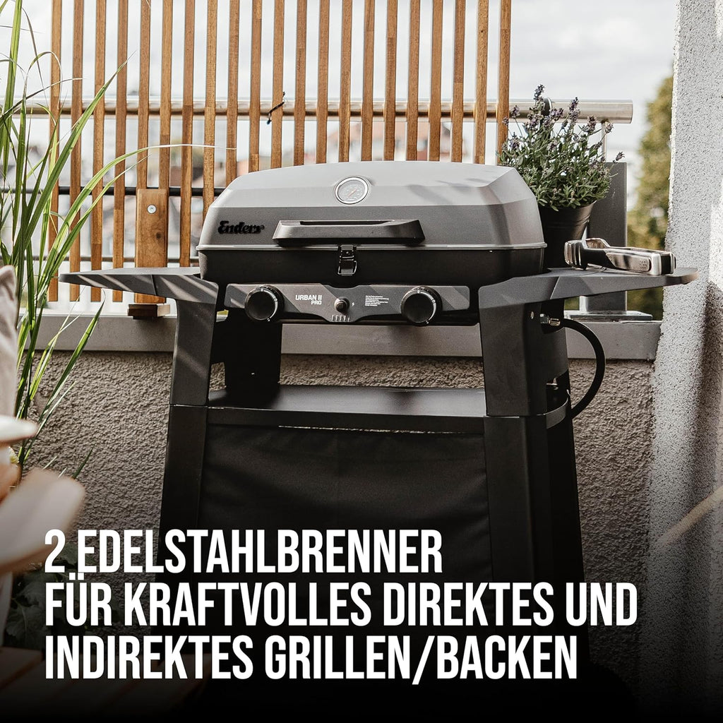 Enders Gasgrill Urban II Pro, barbecue da tavolo, funzione grill, cottura e forno, 2 bruciatori in acciaio inox, con termometro per grill, barbecue da balcone e campeggio, corpo in alluminio pressofuso, griglia in ghisa, #2062