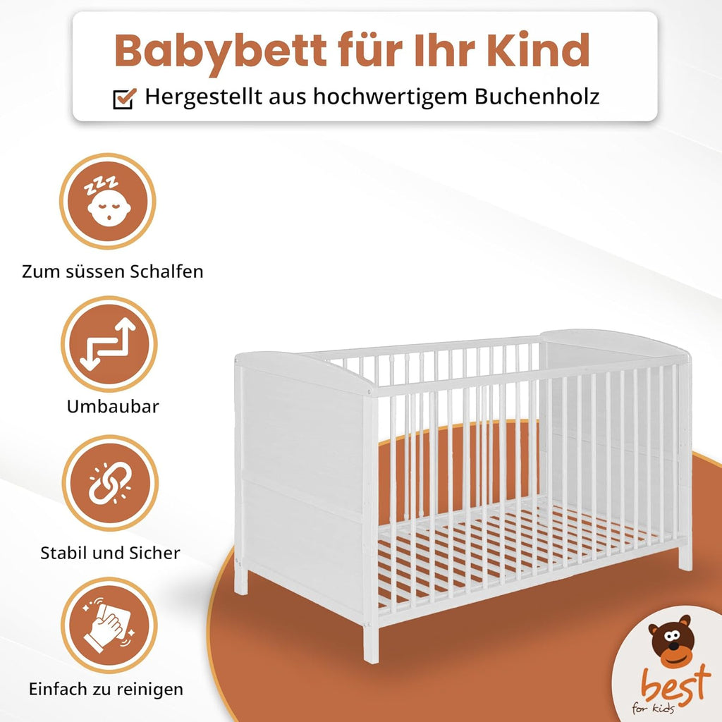 Best for Home - Baby Bett | Babybett 70x140 cm in Weiß und Braunfarbe | Junior Babybett Umbaubar | Cot ohne Matratze | Weiß Komplett Set Bebek Yatagi & Baby Cot | Babybett für Mädchen und Jungen