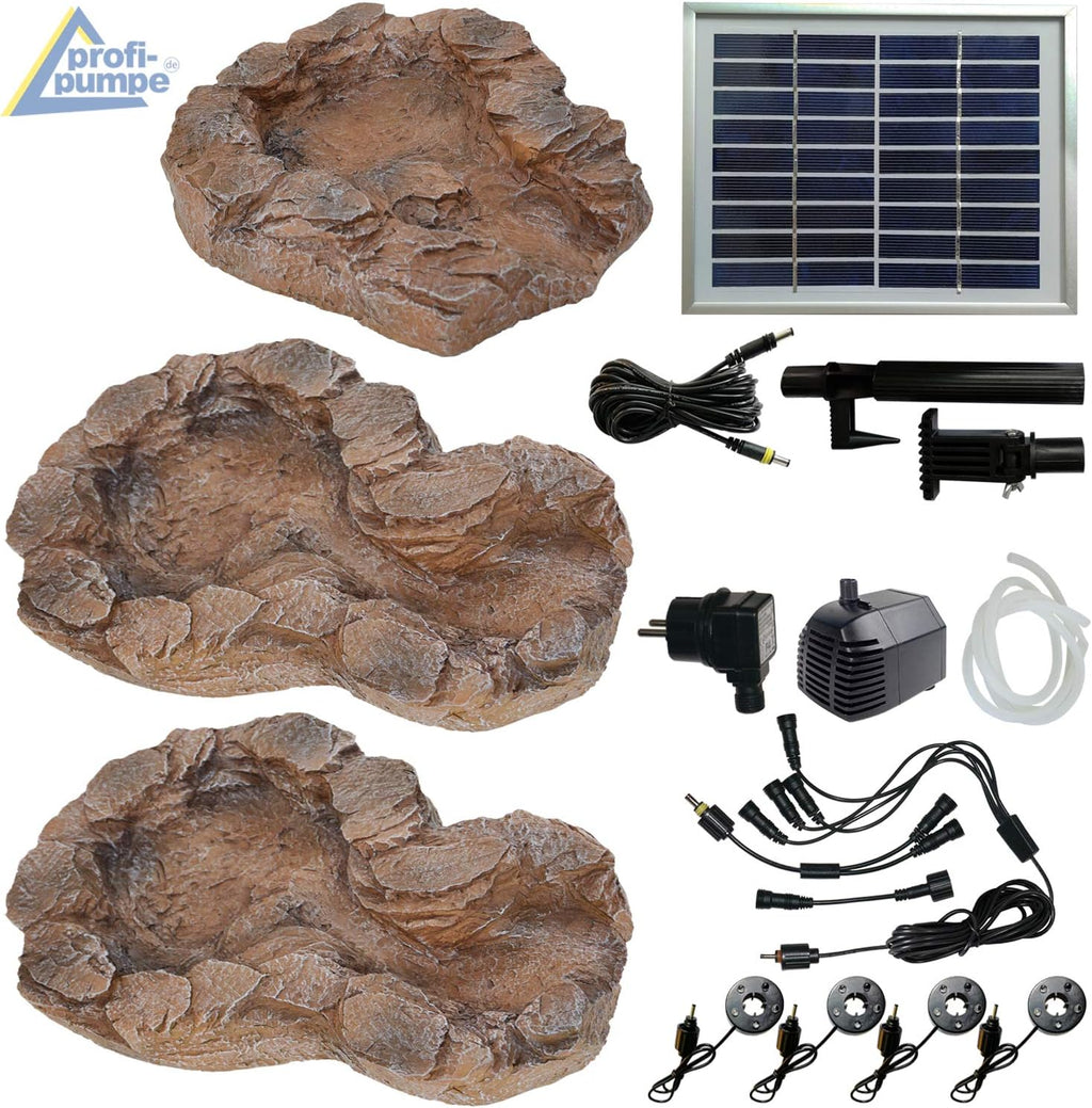 Fontana solare da giardino Bachlauf QUELLBACH II con luce LED/sistema ibrido, FONTANA ORNAMENTALE a 230V, BAGNO PER UCCELLI, CASCATA, LAMPADA DA GIARDINO, POMPA PER STAGNO - GIOCO D'ACQUA per giardino, laghetto da giardino, laghetto