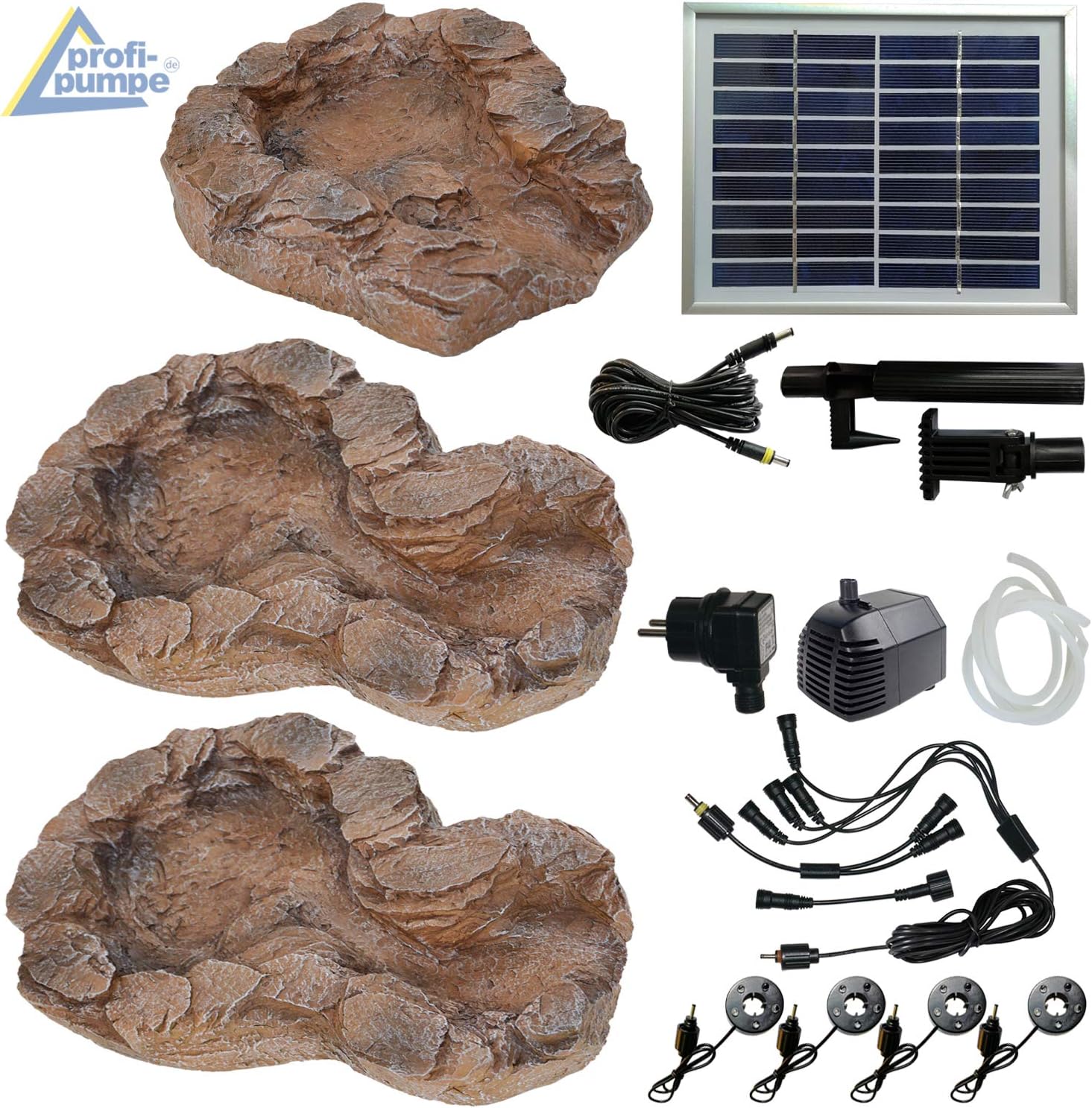 Fontana solare da giardino Bachlauf QUELLBACH II con luce LED/sistema ibrido, FONTANA ORNAMENTALE a 230V, BAGNO PER UCCELLI, CASCATA, LAMPADA DA GIARDINO, POMPA PER STAGNO - GIOCO D'ACQUA per giardino, laghetto da giardino, laghetto
