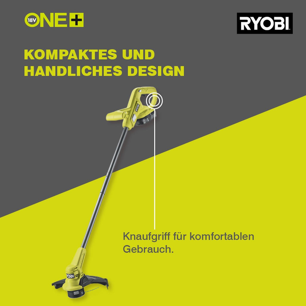 RYOBI 18 V ONE+ Akku-Rasentrimmer mit Radführung RY18LT33A-0 (33 cm Kantenschneidefunktion mit Fußsteuerung, Ø Fadenspule 1 x 1,65 mm, ohne Akku und Ladegerät)