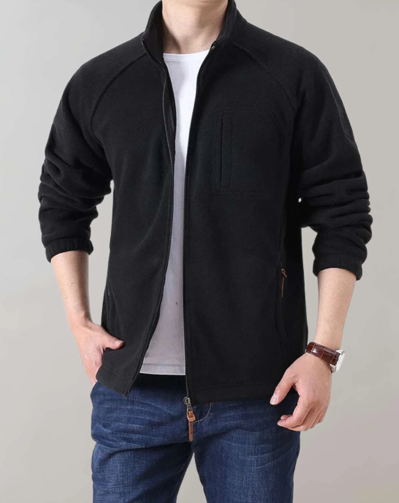 Giacca in pile casual da uomo con collo alla coreana e tasche