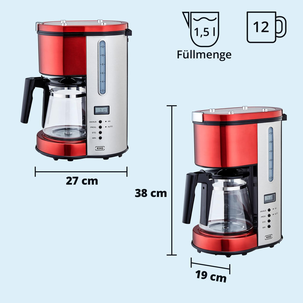 KHG Frühstücksset Wasserkocher, Toaster & Kaffeemaschine in Rot, Edelstahl Metallic Chrom, 1,7l Kapazität, 2 Toast Scheiben & 12 Tassen Kaffee, Kontrollleuchten, Wasserstandsanzeigen, Permanentfilter