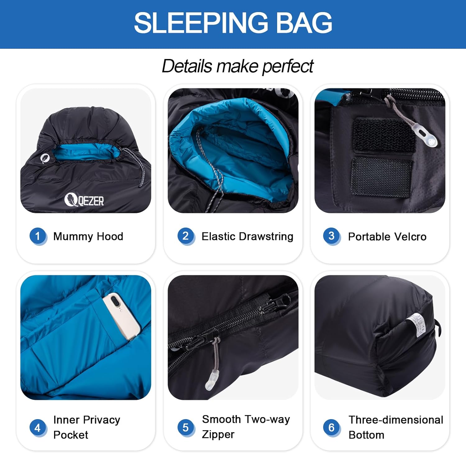 QEZER Daunenschlafsack Warmer Winter Schlafsack Outdoor -8°C bis -23°C 4 Jahreszeiten Mumienschlafsack für Erwachsener und Jugendliche Camping Outdoor und Indoor
