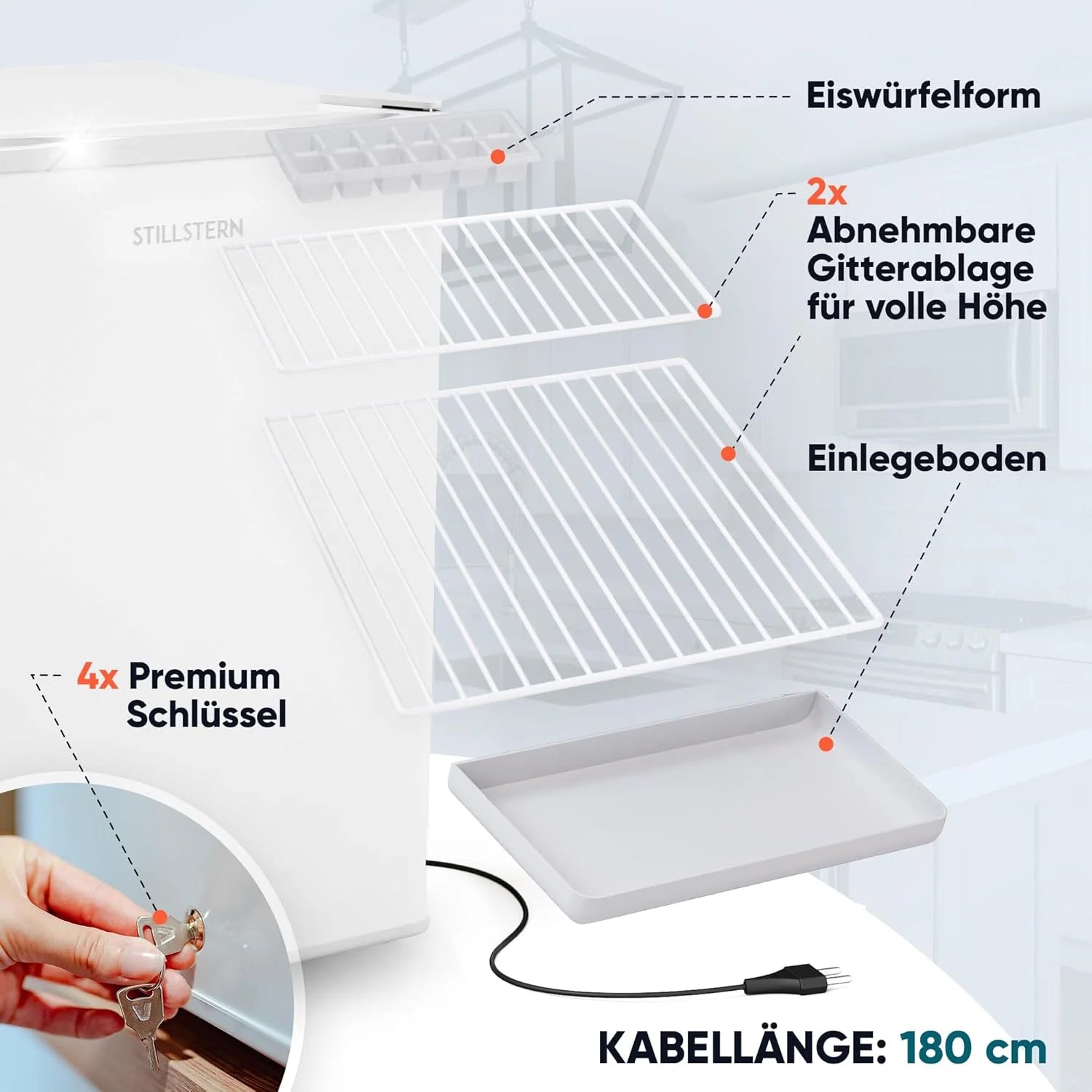Stillstern Mini Congelatore (42L) -18°C, Vaschetta per Ghiaccio, Serratura, Porta Reversibile, Congelatore 4 Stelle per Campeggio/Ufficio Congelatore Piccolo Congelatore Compatto Congelatore Orizzontale