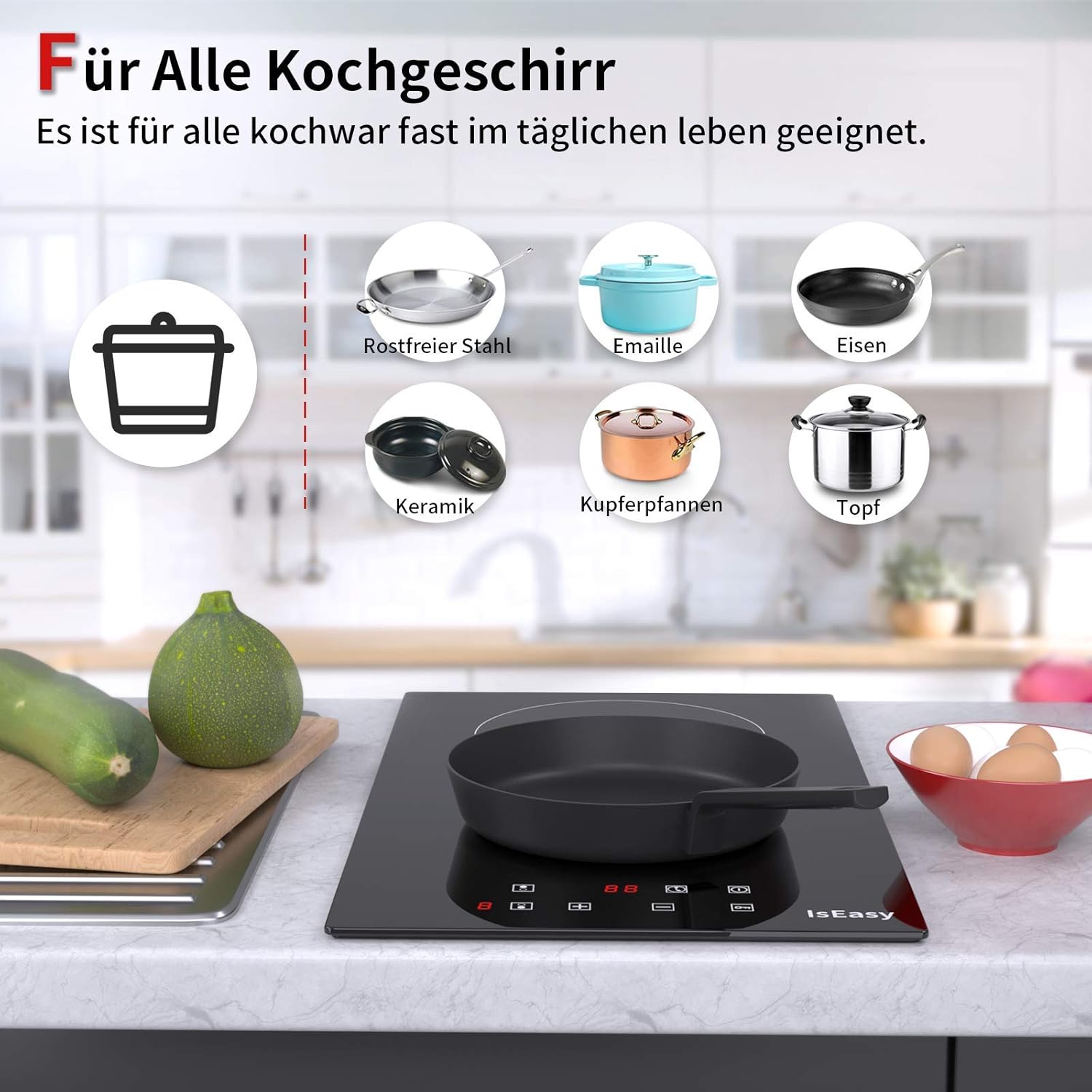IsEasy 4 Zonen Einbau Induktionskochfeld mit 9 Leistungsstufen &1-99Min Timer, Boost-Funktion, Induktionskochplatte, Induktion Herdplatte mit 4 Platten, 60cm, 6800W, Schwarz