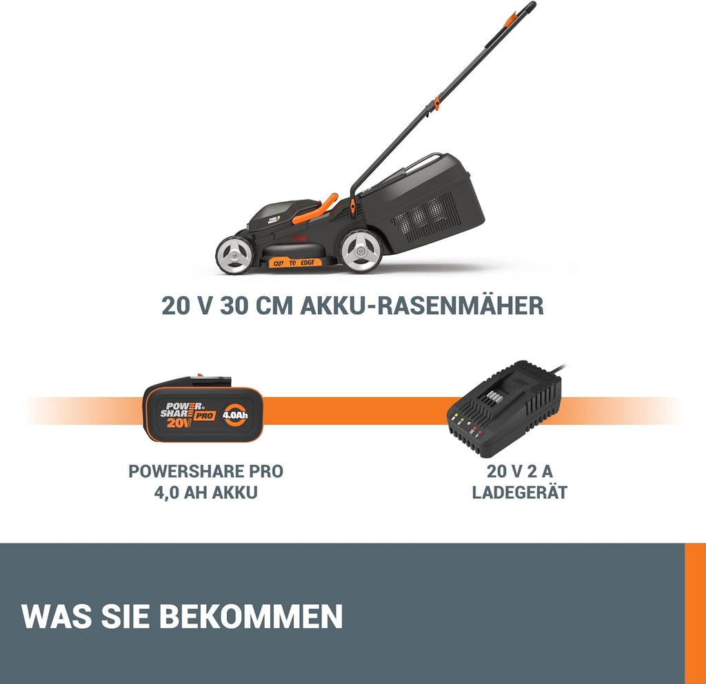 WORX WG730E Akku-Rasenmäher 20V - kraftvoller bürstenloser Motor - ideal für Gärten bis zu 200m² - 30cm Schnittbreite - Cut-to-Edge - 3 einstellbare Schnitthöhen - inkl. 4Ah Akku & Ladegerät