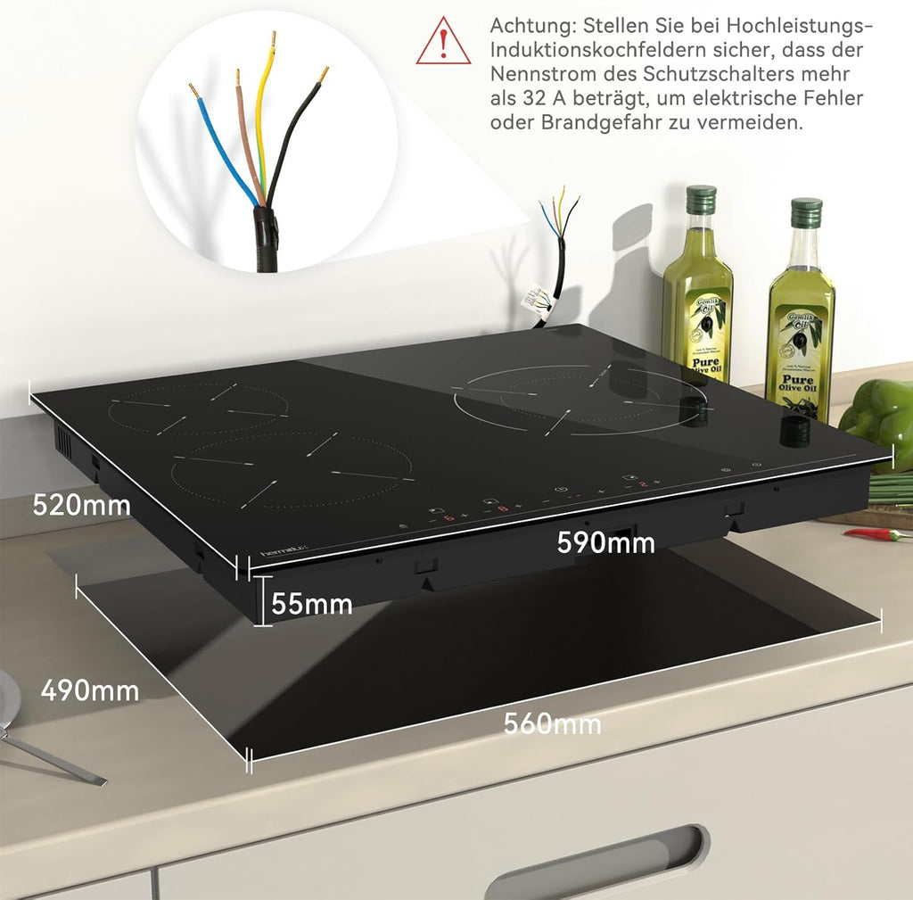 Induktionskochfeld 60cm, Eingebautes Schwarzes elektrisches Kochfeld, mit 4 Kochzonen, 9 Leistungsstufen, Geeignet für Eisen- und Edelstahltpf