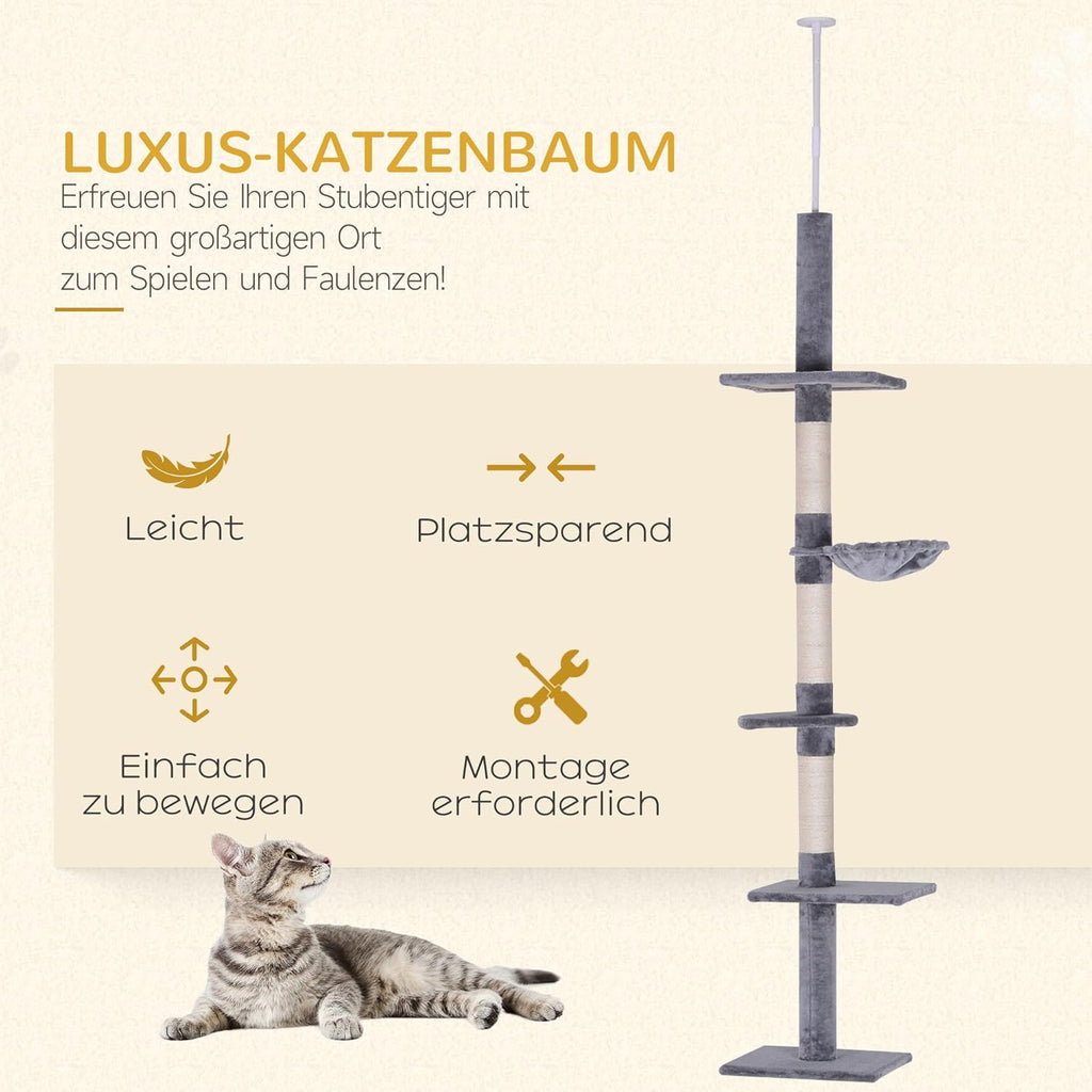 PawHut Katzenbaum mit Laufrad 4-Stock Kratzbaum Katzenhaus mit Sisalsäulen Katzenhöhle Kiefernholz Natur 80 x 50 x 143 cm