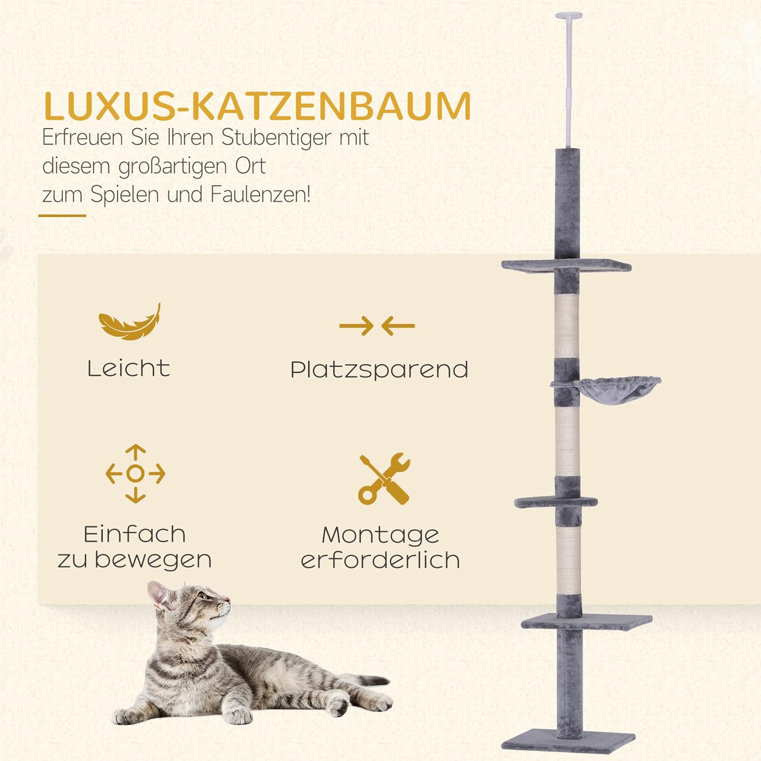 PawHut Katzenbaum mit Laufrad 4-Stock Kratzbaum Katzenhaus mit Sisalsäulen Katzenhöhle Kiefernholz Natur 80 x 50 x 143 cm