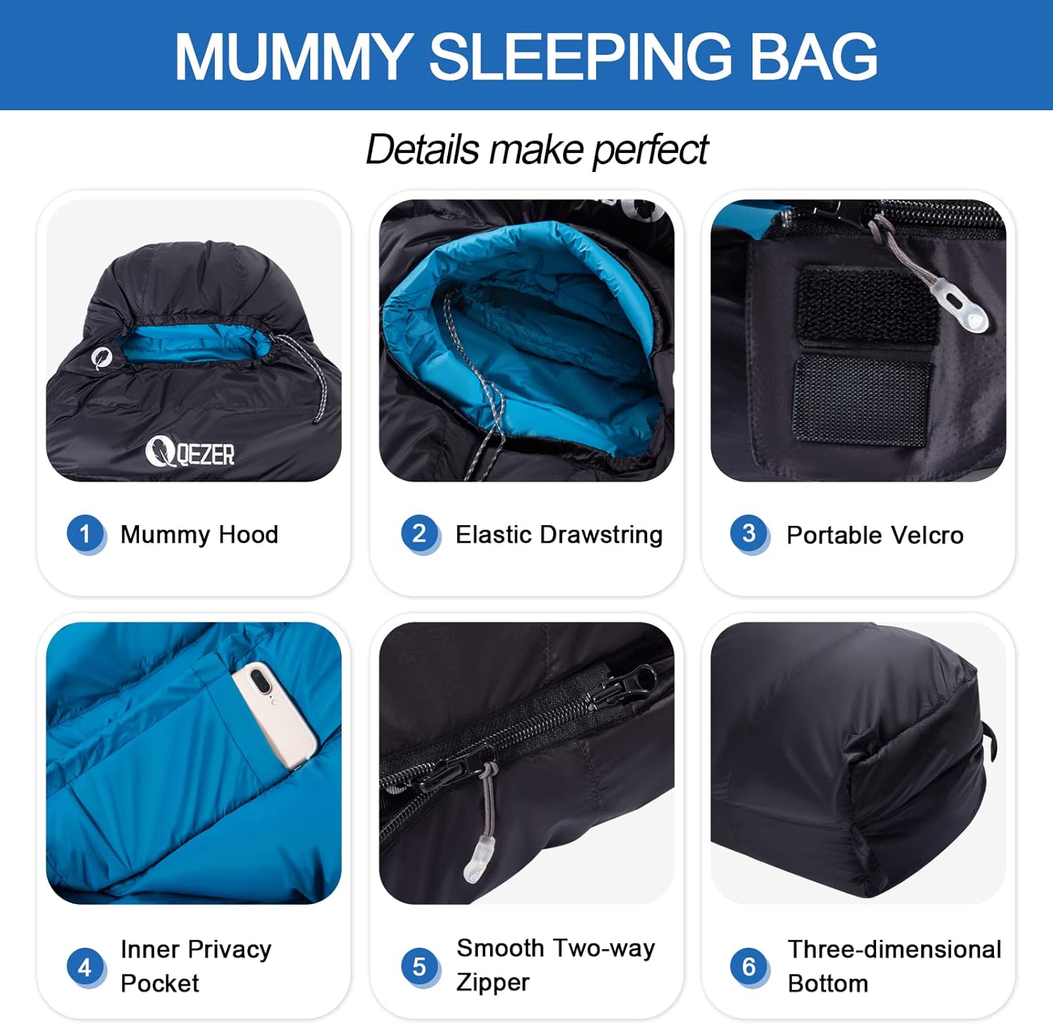 QEZER Daunenschlafsack Warmer Winter Schlafsack Outdoor -8°C bis -23°C 4 Jahreszeiten Mumienschlafsack für Erwachsener und Jugendliche Camping Outdoor und Indoor
