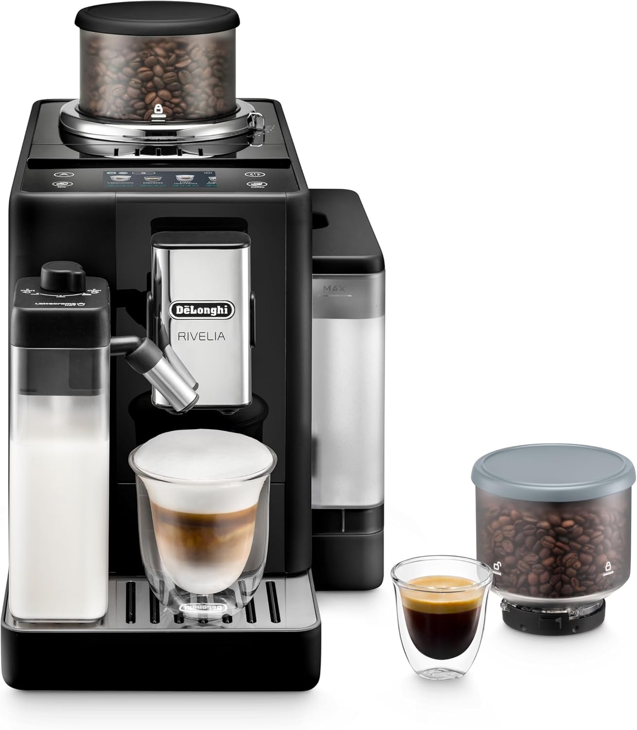 De'Longhi Rivelia EXAM440.35.BG Macchina da caffè automatica con lancia vapore, contenitore chicchi intercambiabile, 8 bevande a base di caffè one-touch, funzione Extra Shot, display touch da 3,5 pollici, Beige