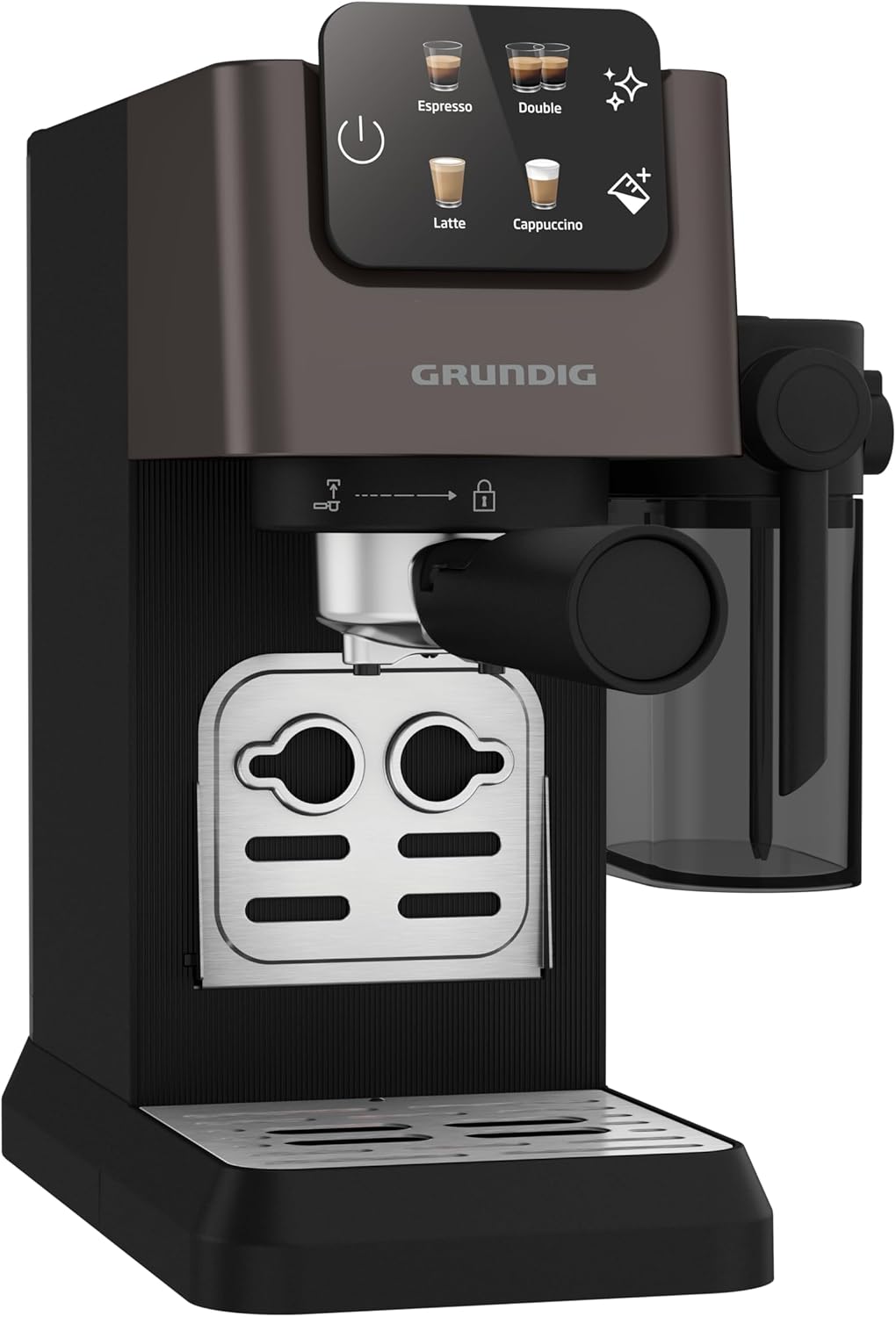 GRUNDIG KSM 5330 Macchina da caffè con portafiltro e contenitore per il latte integrato, 1628 W di potenza, 15 bar di pressione della pompa, ugello doppio, display touch a colori, BrewSense, CreamyPro, Inox scuro/Nero