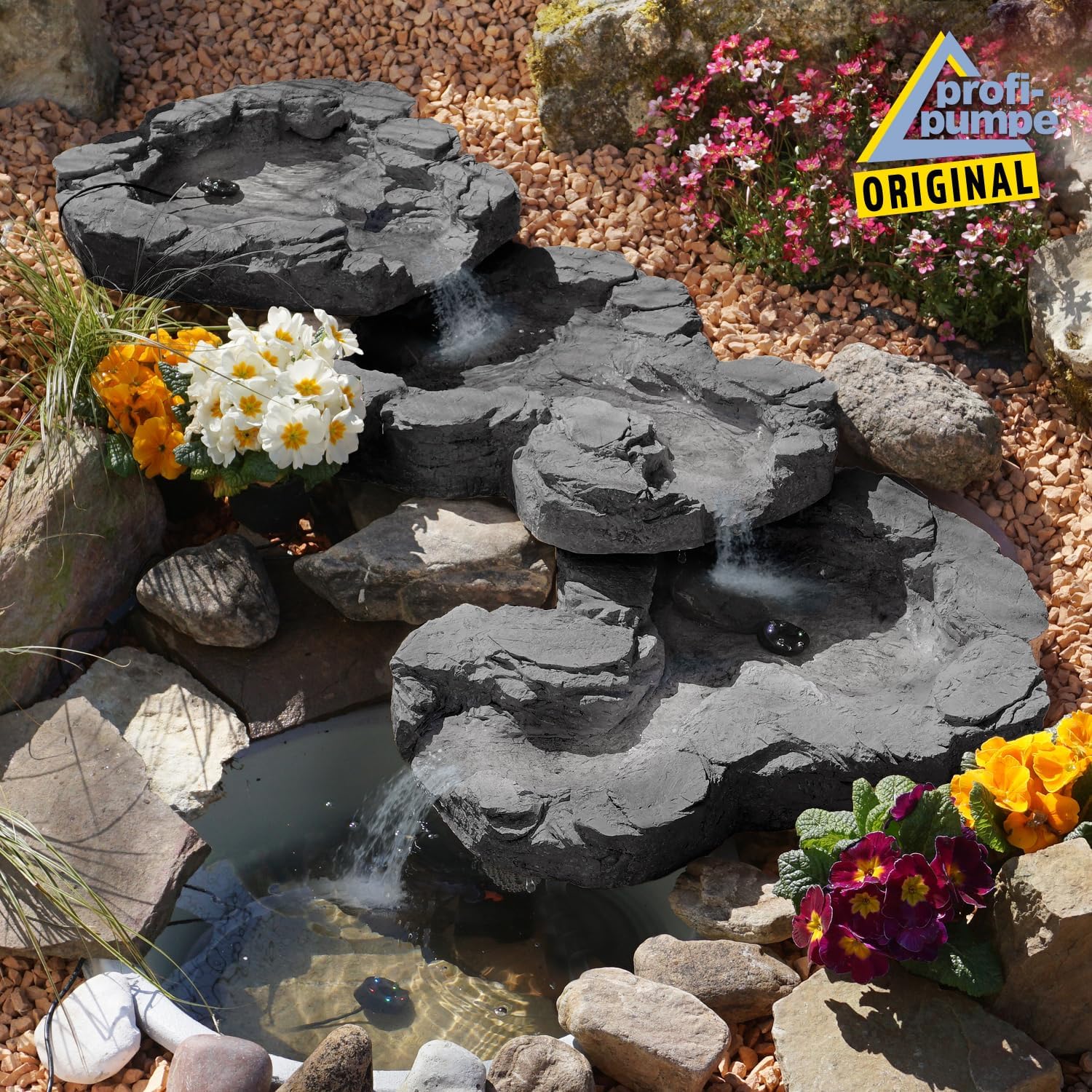 Fontana solare da giardino Bachlauf QUELLBACH II con luce LED/sistema ibrido, FONTANA ORNAMENTALE a 230V, BAGNO PER UCCELLI, CASCATA, LAMPADA DA GIARDINO, POMPA PER STAGNO - GIOCO D'ACQUA per giardino, laghetto da giardino, laghetto