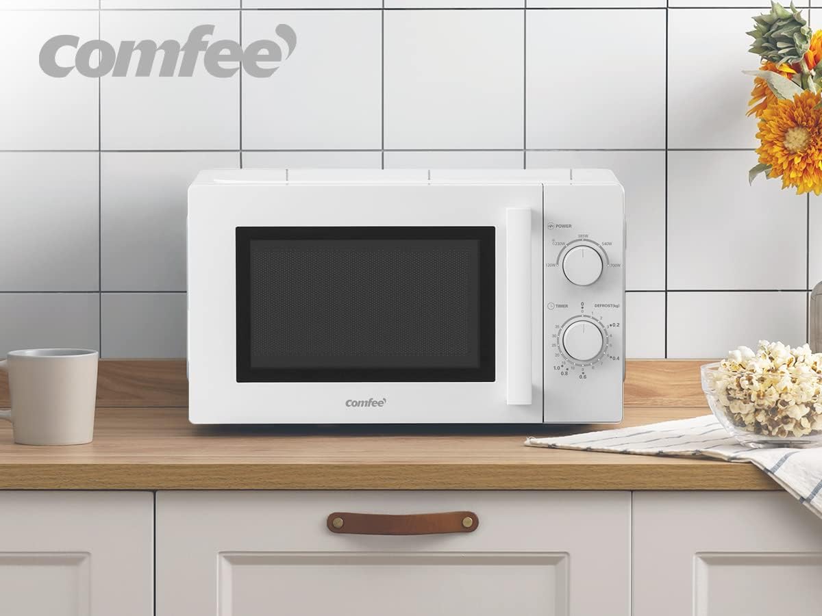 Comfee CMSN 20 wh Microonde/Solo microonde con 5 livelli di potenza/Illuminazione interna/Funzione di scongelamento facile/Piatto girevole a 360°/Due manopole rotanti/20L/700W/Bianco, Meccanico
