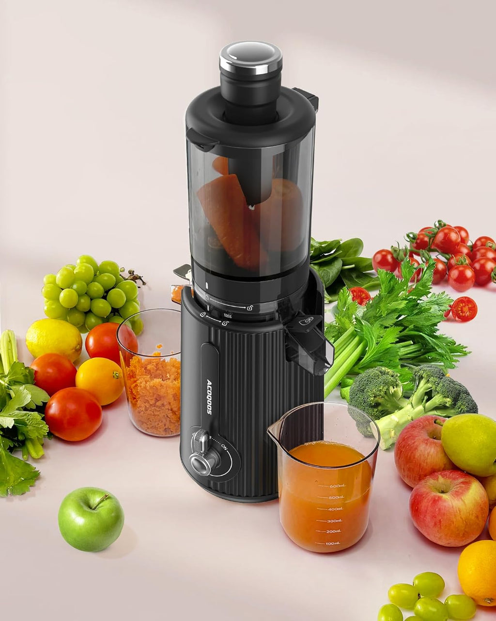 ACOQOOS Spremiagrumi, Spremiagrumi per Frutta e Verdura con imboccatura da 110 mm, Spremiagrumi a Bassa Velocità Facile da Pulire con 2 Tazze Nero