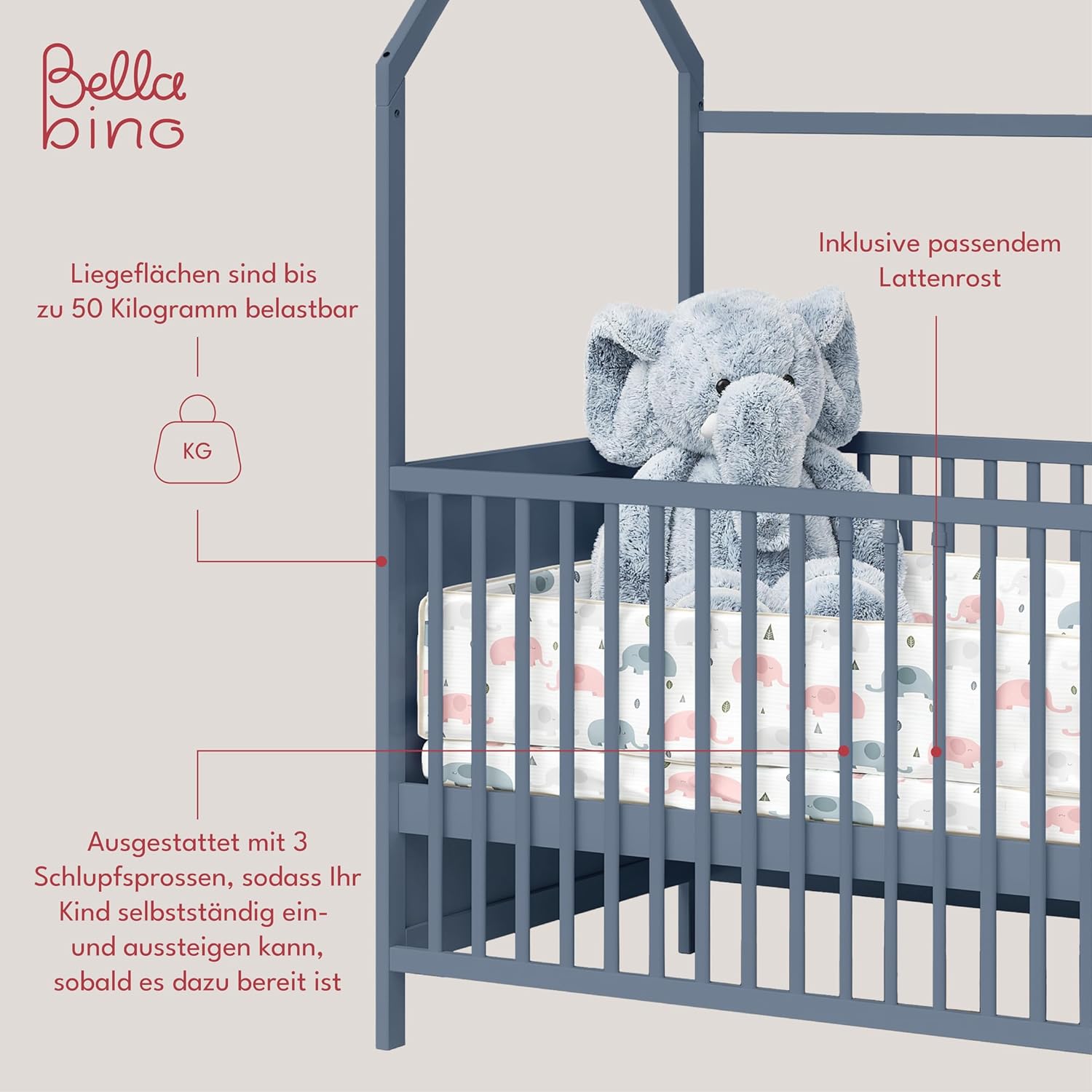Bellabino Nika Lettino a capanna 70 x 140 cm, letto con sbarre e lettino a capanna per bambini e neonati in pino massiccio bianco, regolabile in altezza su 3 posizioni, incl. rete a doghe
