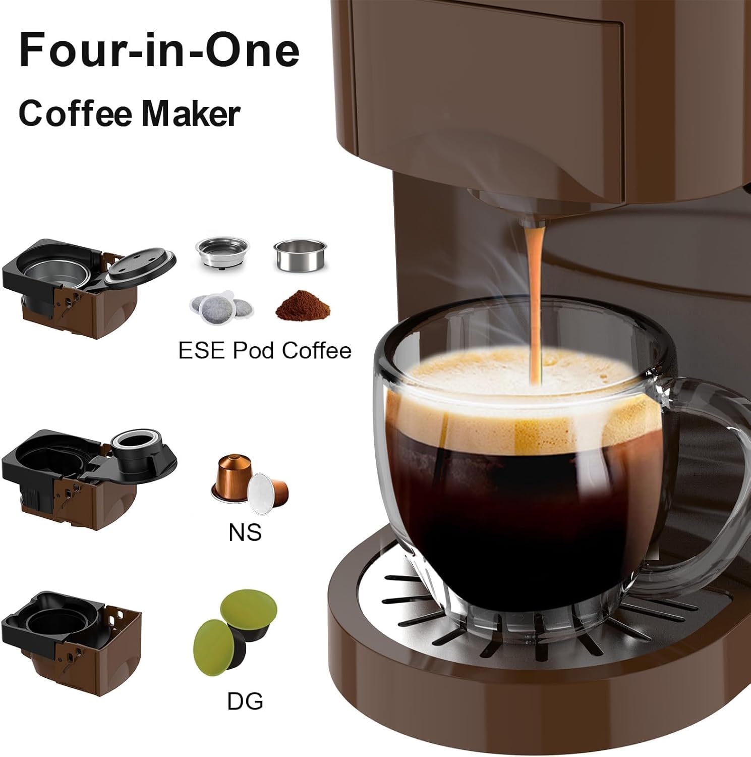 KOTLIE AC-513HF 5 in 1 Kaffeemaschine für NES/DG/a modo mio/Gemahlener Kaffee/ESE(44mm), Höhe für große Tassen (Schwarz)