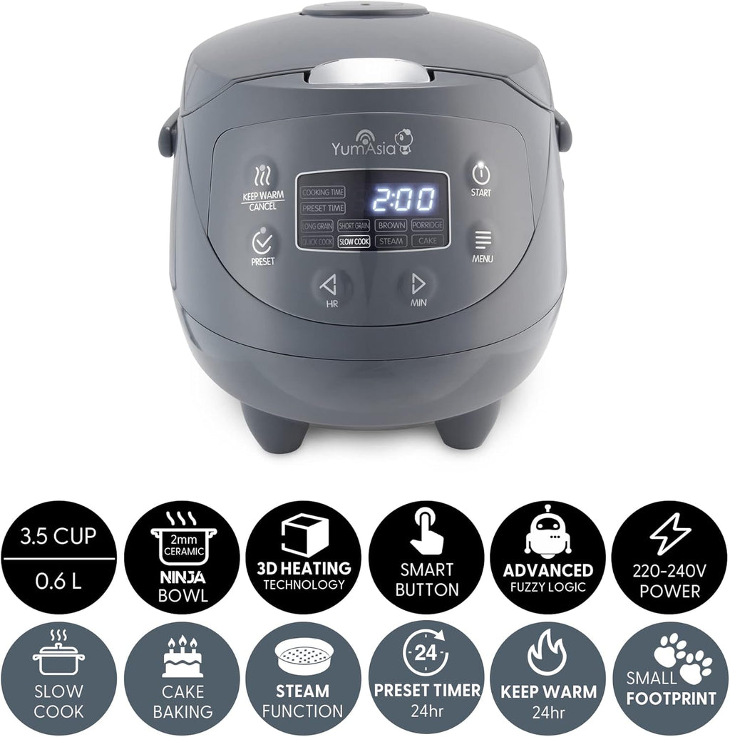Yum Asia Panda Mini-Reiskocher mit Ninja-Keramikschüssel und Advanced Fuzzy Logic (3,5 Tassen, 0,63 Liter) 4 Reisfunktionen, 4 Multicooker-Funktion, 220–240V