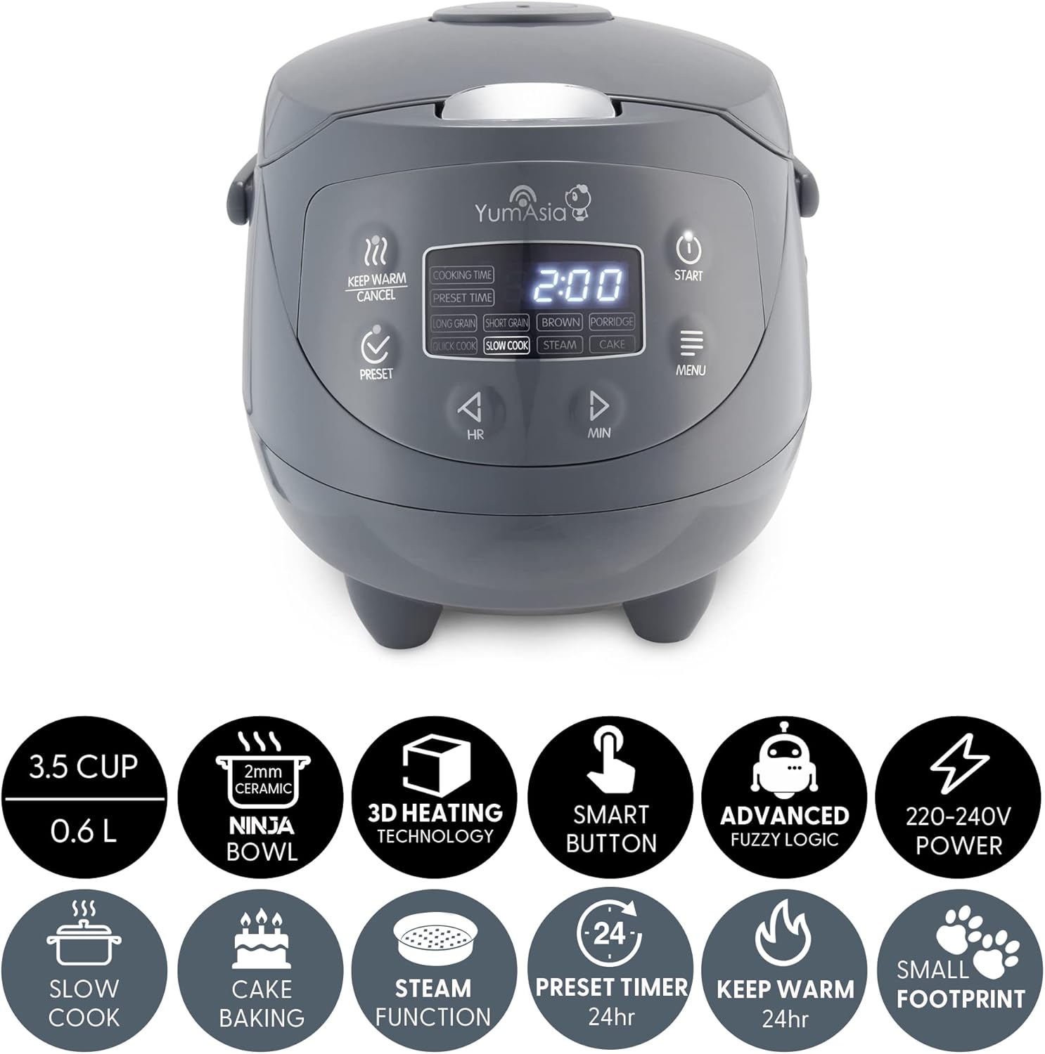 Yum Asia Panda Mini-Reiskocher mit Ninja-Keramikschüssel und Advanced Fuzzy Logic (3,5 Tassen, 0,63 Liter) 4 Reisfunktionen, 4 Multicooker-Funktion, 220–240V