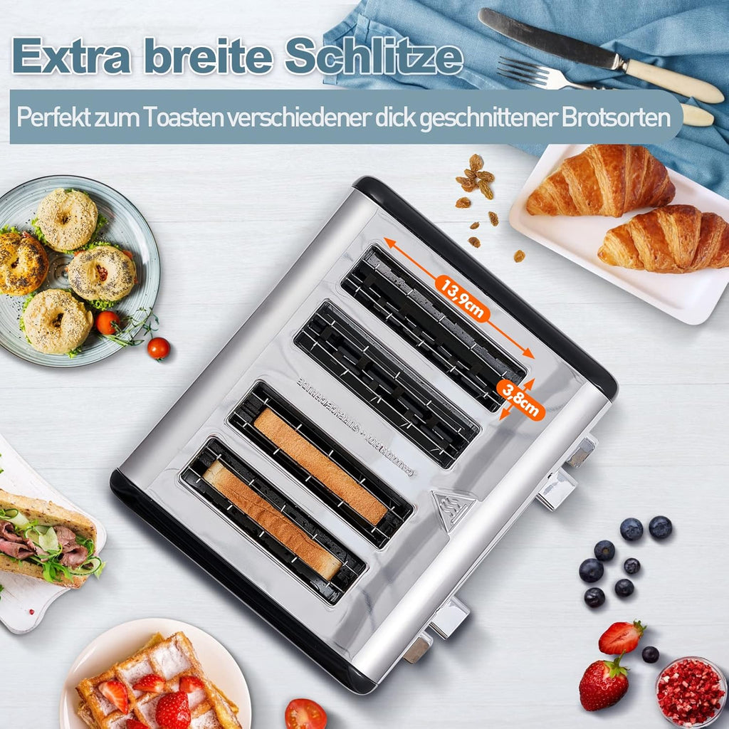 Tostapane 4 Fette, CUSIMAX Tostapane in acciaio inox con display a LED, 4 fessure extra larghe tostapane nero, 2 pannelli di controllo individuali con 6 livelli di doratura, funzione annulla, riscalda e scongela